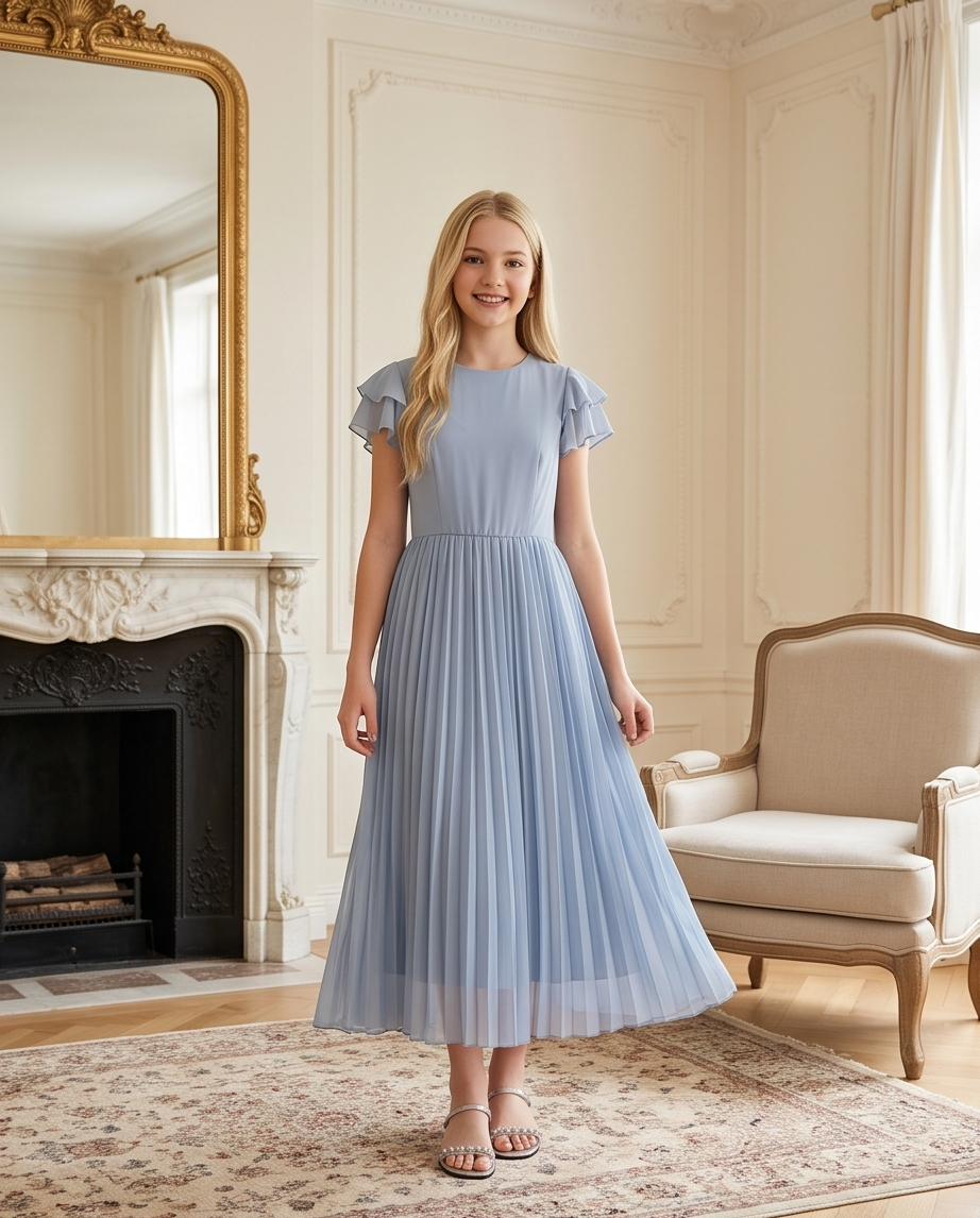 Back view of a light blue pleated girls dress