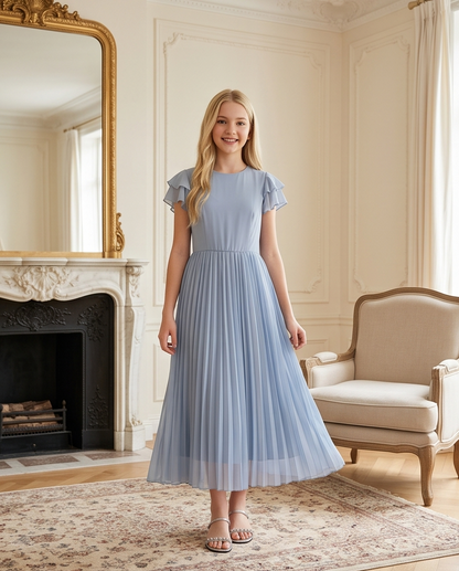 Back view of a light blue pleated girls dress