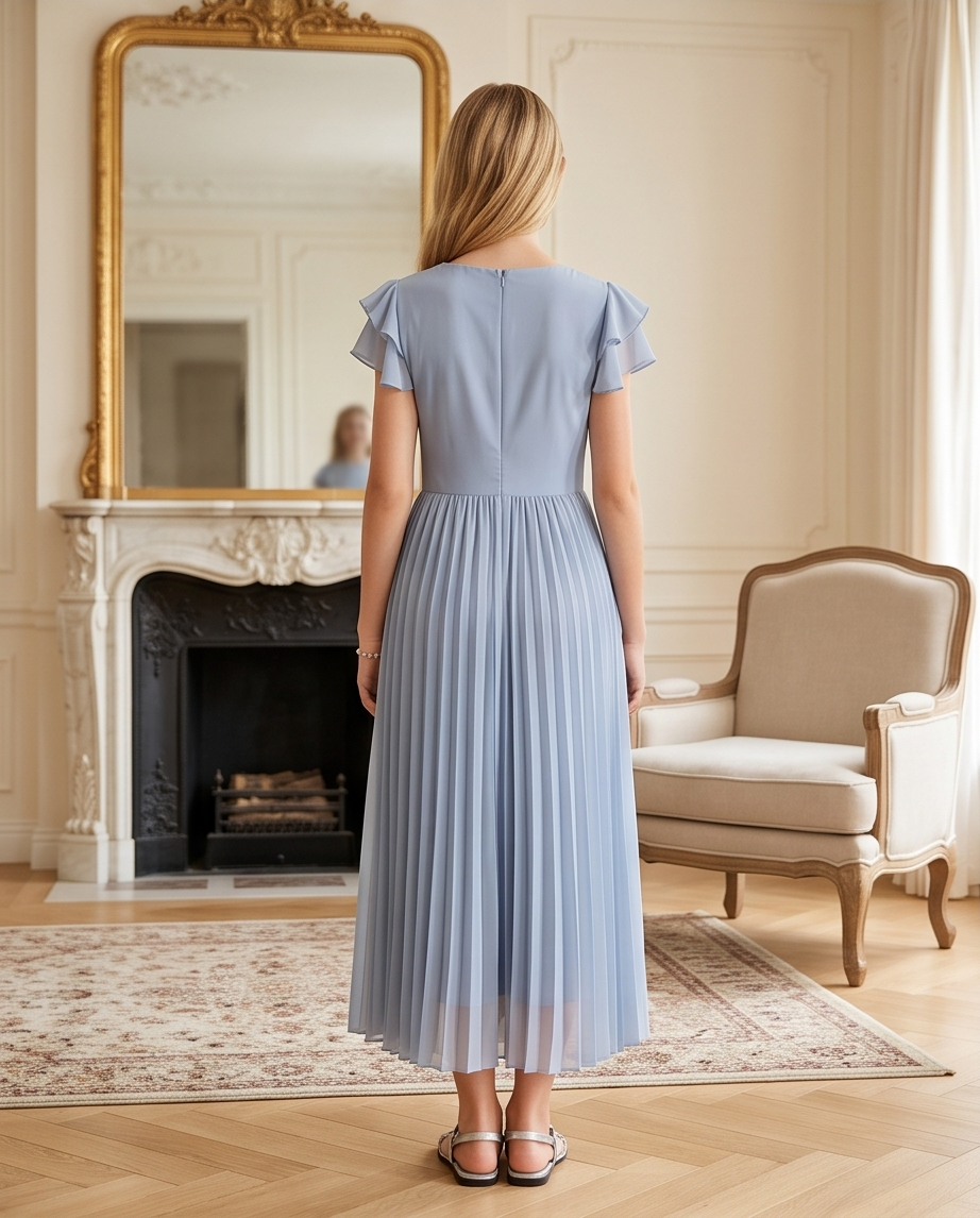 Girl wearing a light blue pleated dress indoors