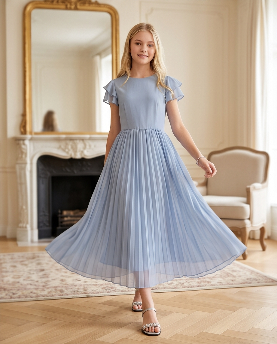 Girl wearing a light blue pleated dress with flutter sleeves