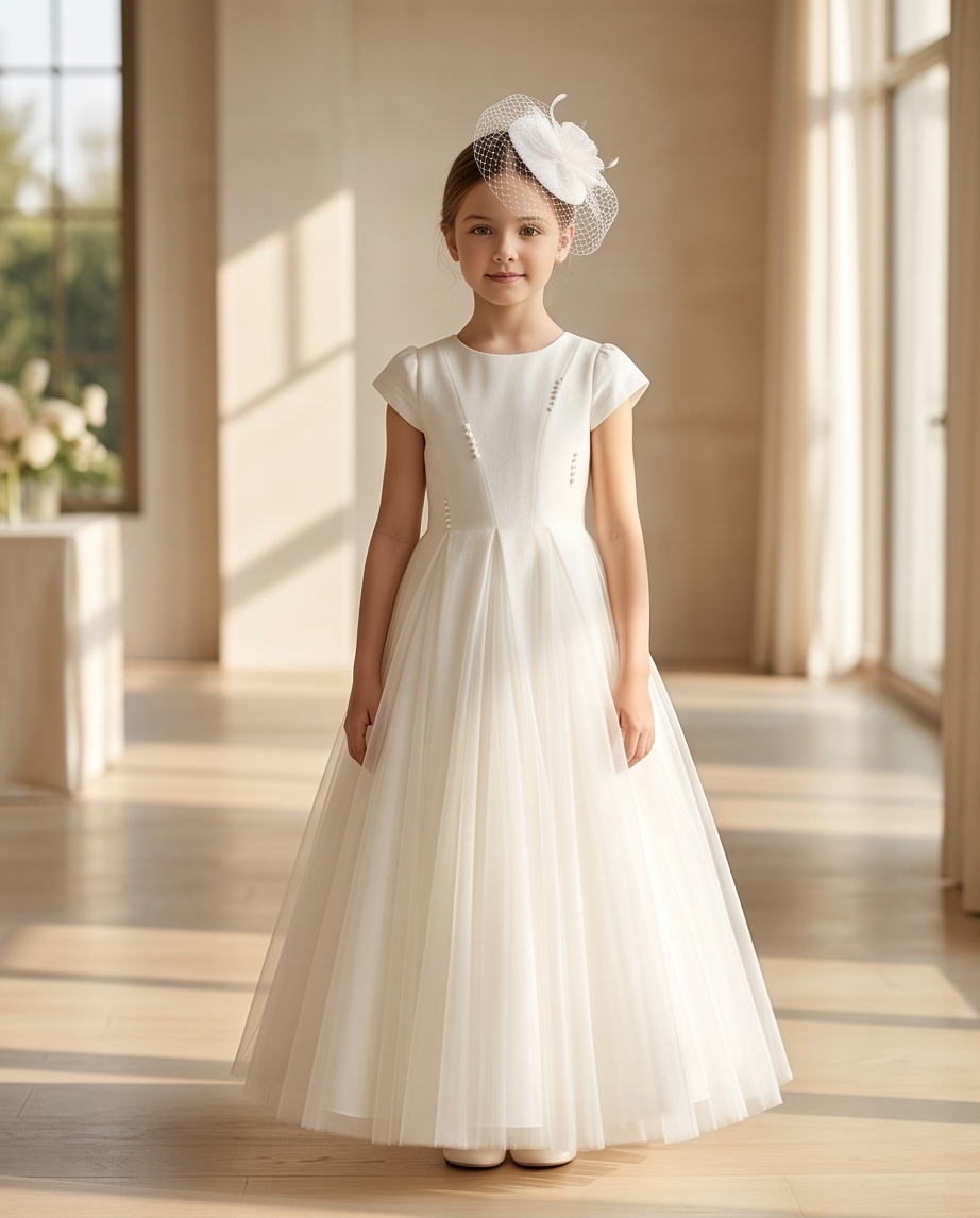 girl wearing white tulle communion dress