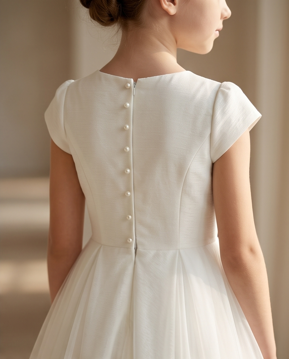 girl wearing white tulle communion dress