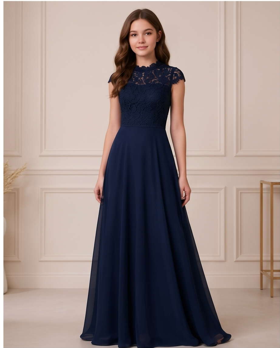 A woman modeling a navy blue floor-length formal gown with a lace bodice, cap sleeves, and a flowing chiffon skirt in an elegant cream-colored room with decorative wall molding.