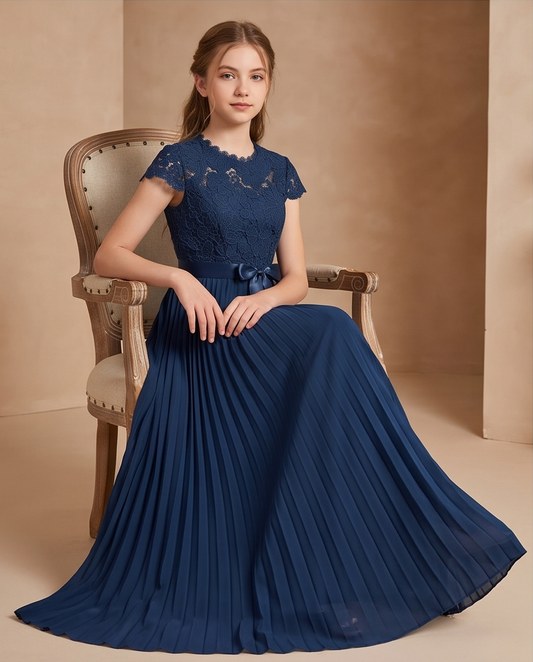 Girls Pleated Navy Blue Junior Bridesmaid Dress