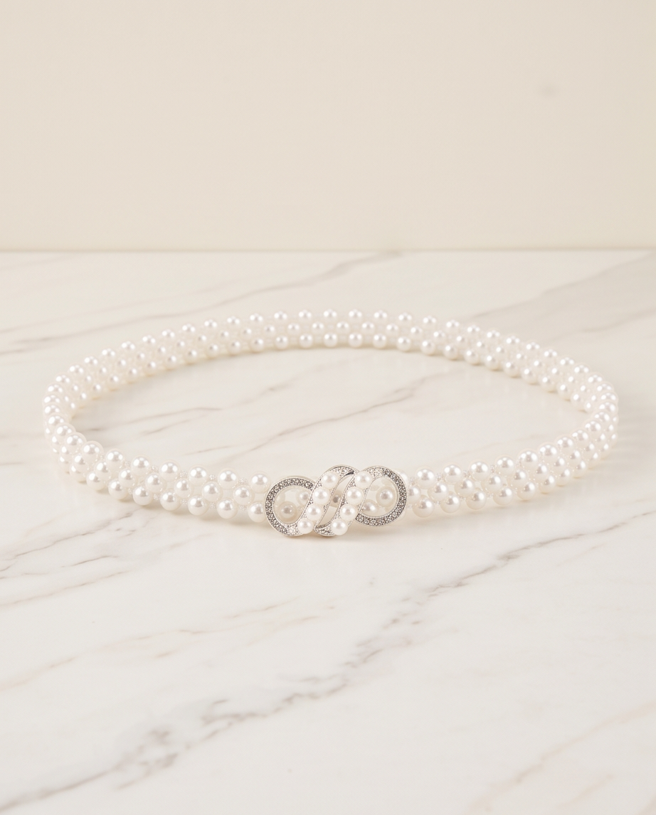 White pearl-look infinity clasp communion belt arranged on a marble background