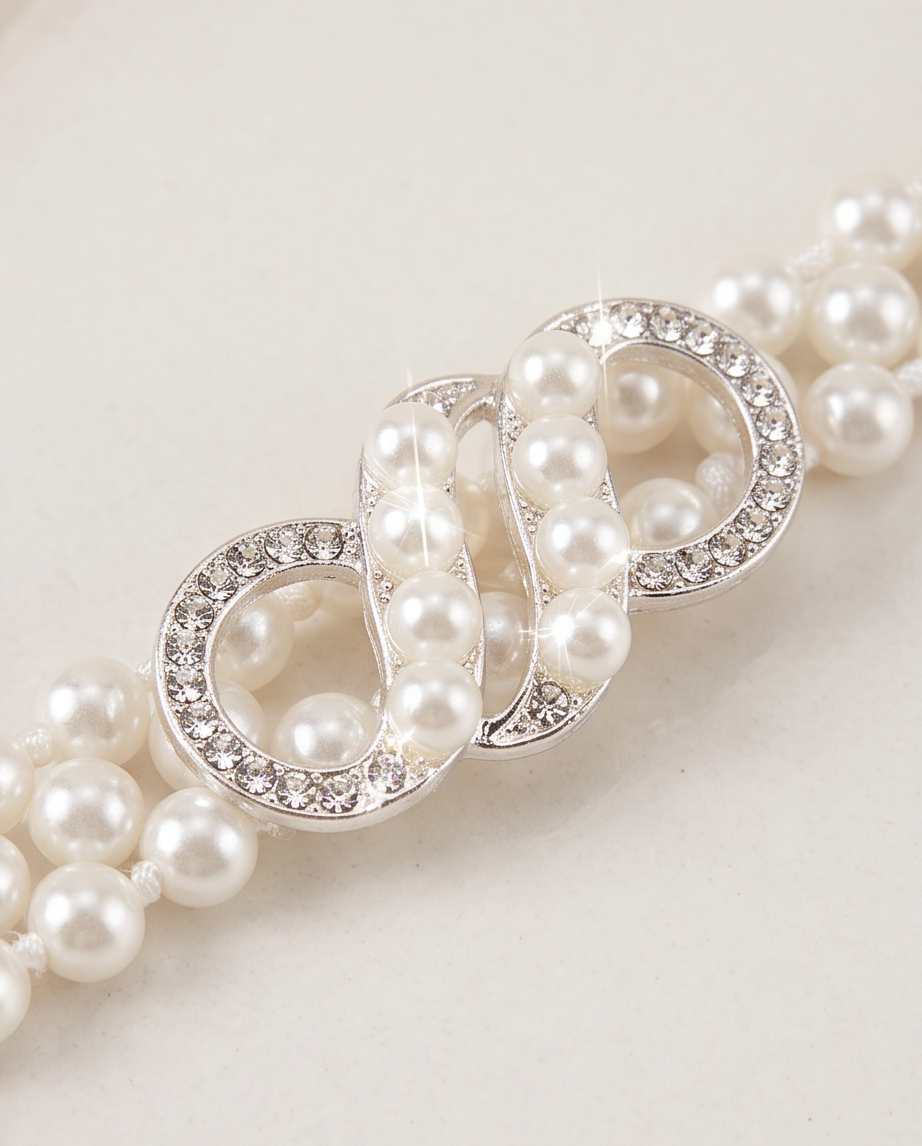 Close-up of the sparkling infinity clasp on a white pearl-look communion belt