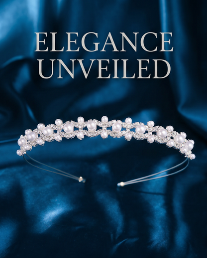 Close-up of a classic pearl communion tiara styled on a girl
