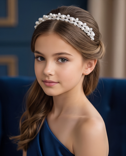 Close-up of pearl and crystal-inspired detailing on a communion tiara