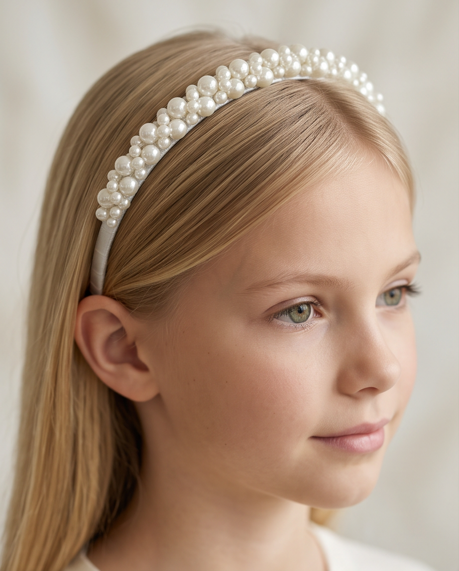 Classic pearl communion tiara styled on a girl in a white outfit
