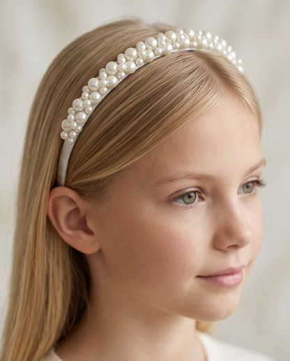 Classic pearl communion tiara styled on a girl in a white outfit