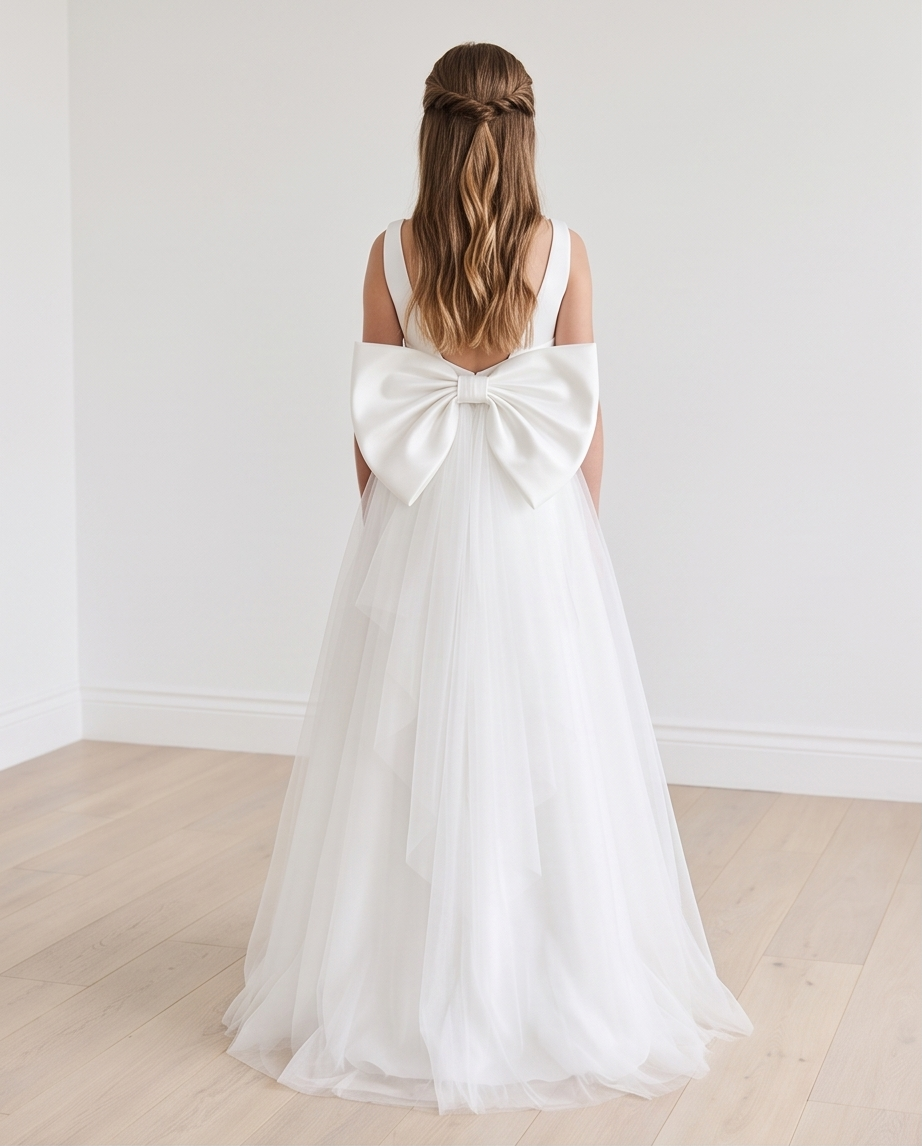 White oversized satin bow with tulle tails displayed flat