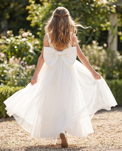 Oversized white satin and tulle bow worn on a communion dress