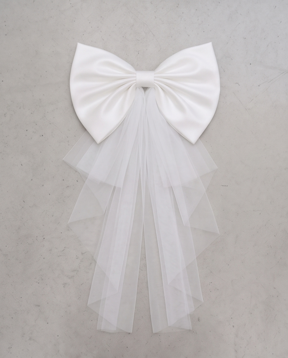 Oversized white bow with tulle styled on the back of a formal dress