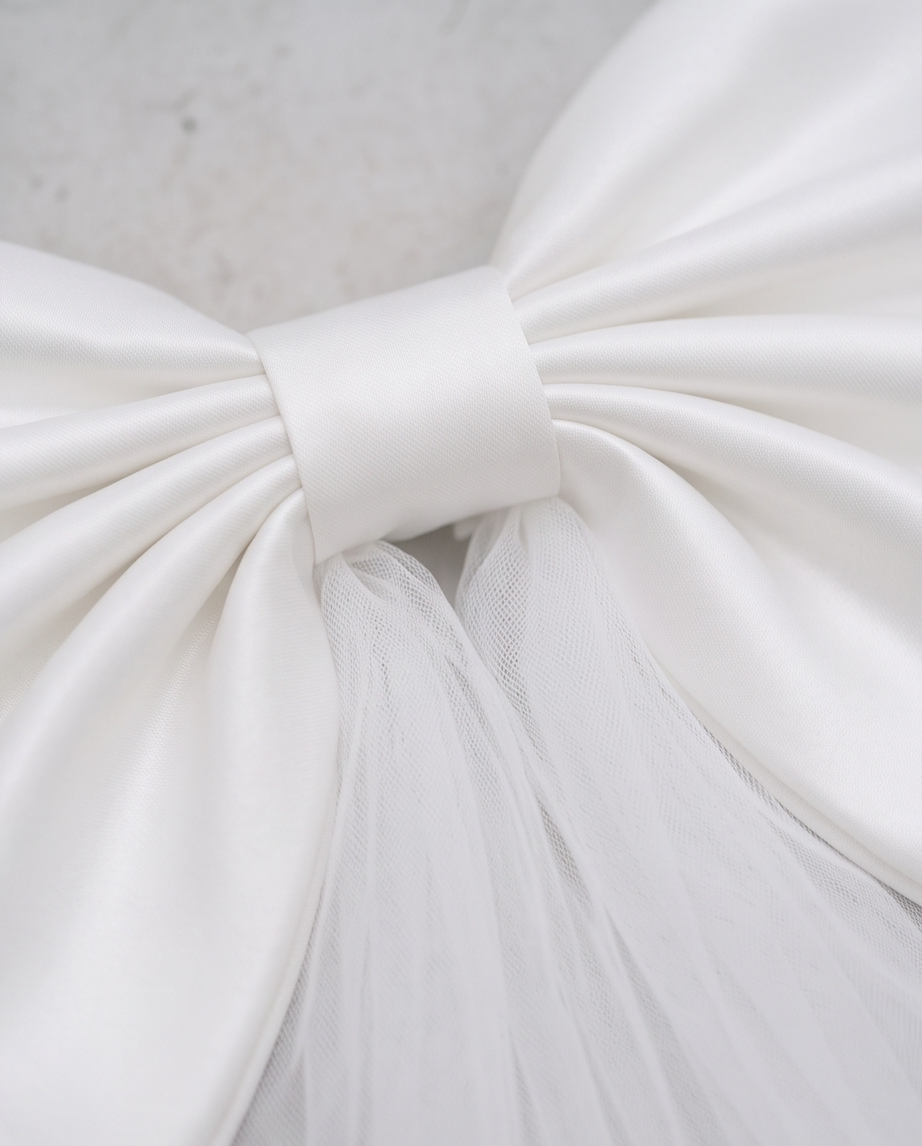 Close-up of the satin centre of an oversized white bow with tulle