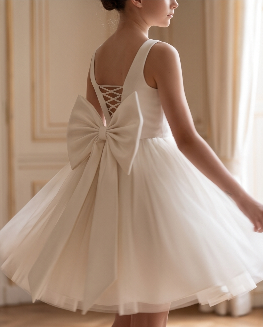 Oversized white bow with tulle styled on a white formal dress outdoors