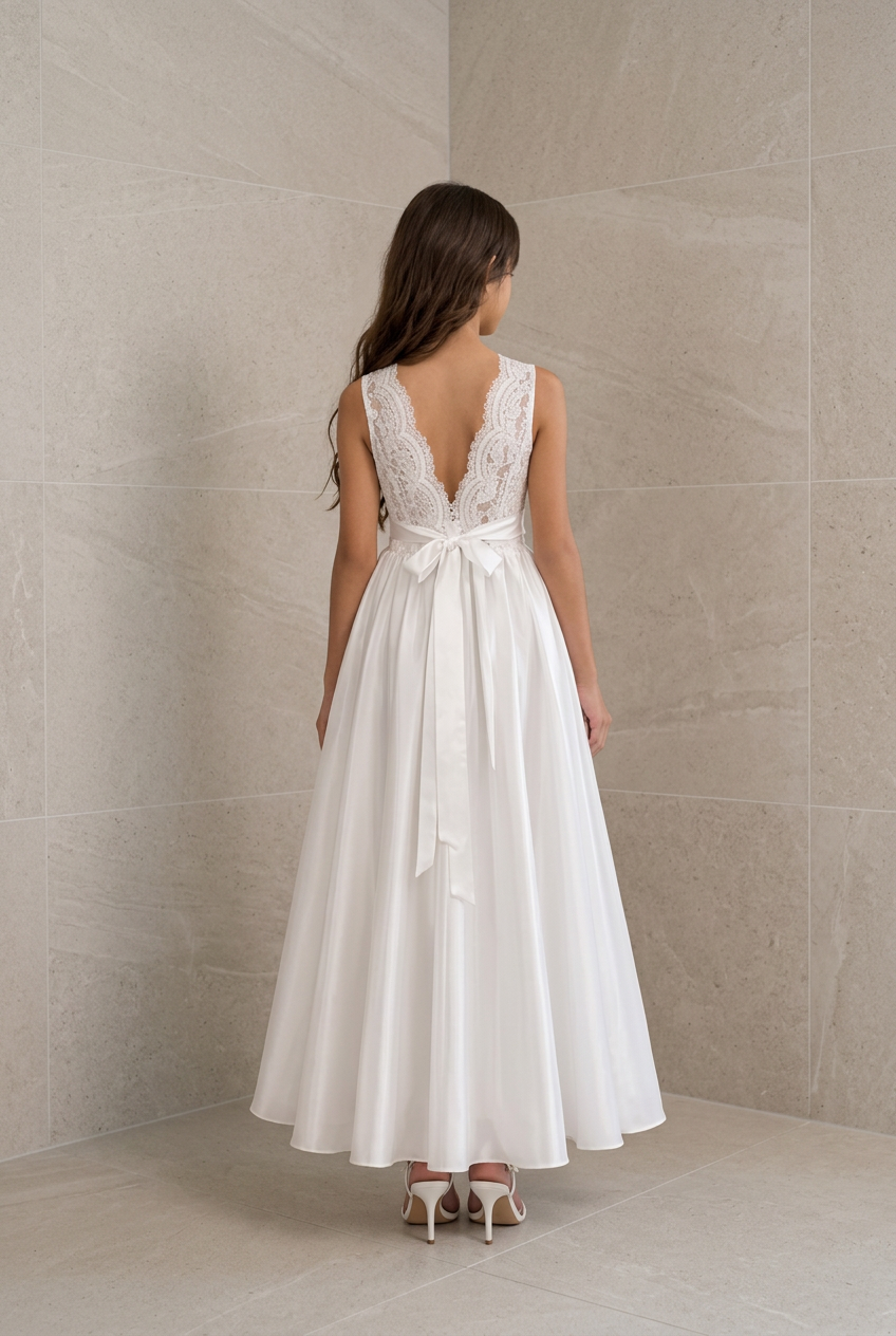 A woman viewed from the back wearing a sleeveless white maxi dress with a lace V-neckline, fitted waist, and a large bow at the back, standing in a tiled indoor setting.