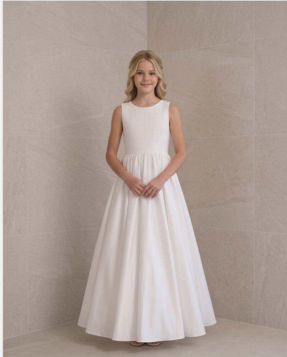 A young girl stands in a sleeveless white A-line dress with a fitted bodice and full skirt, posing in front of a beige tiled wall.