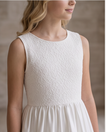 A close-up of a woman wearing a sleeveless white dress with a textured lace bodice and a flowing skirt, shown against a soft neutral background.