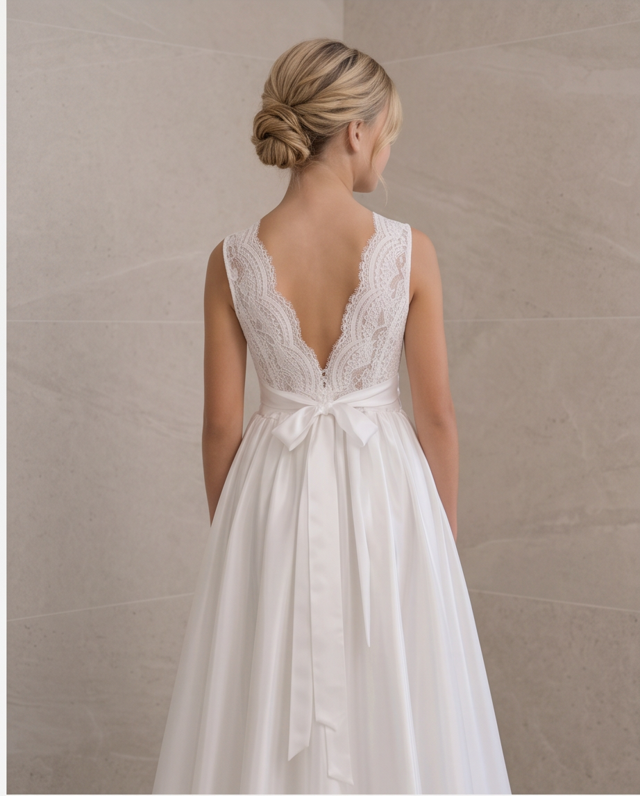 A woman shown from the back wearing a sleeveless white lace and satin dress with a deep V back, lace upper back panel, and a large bow at the waist, standing against a light stone wall.