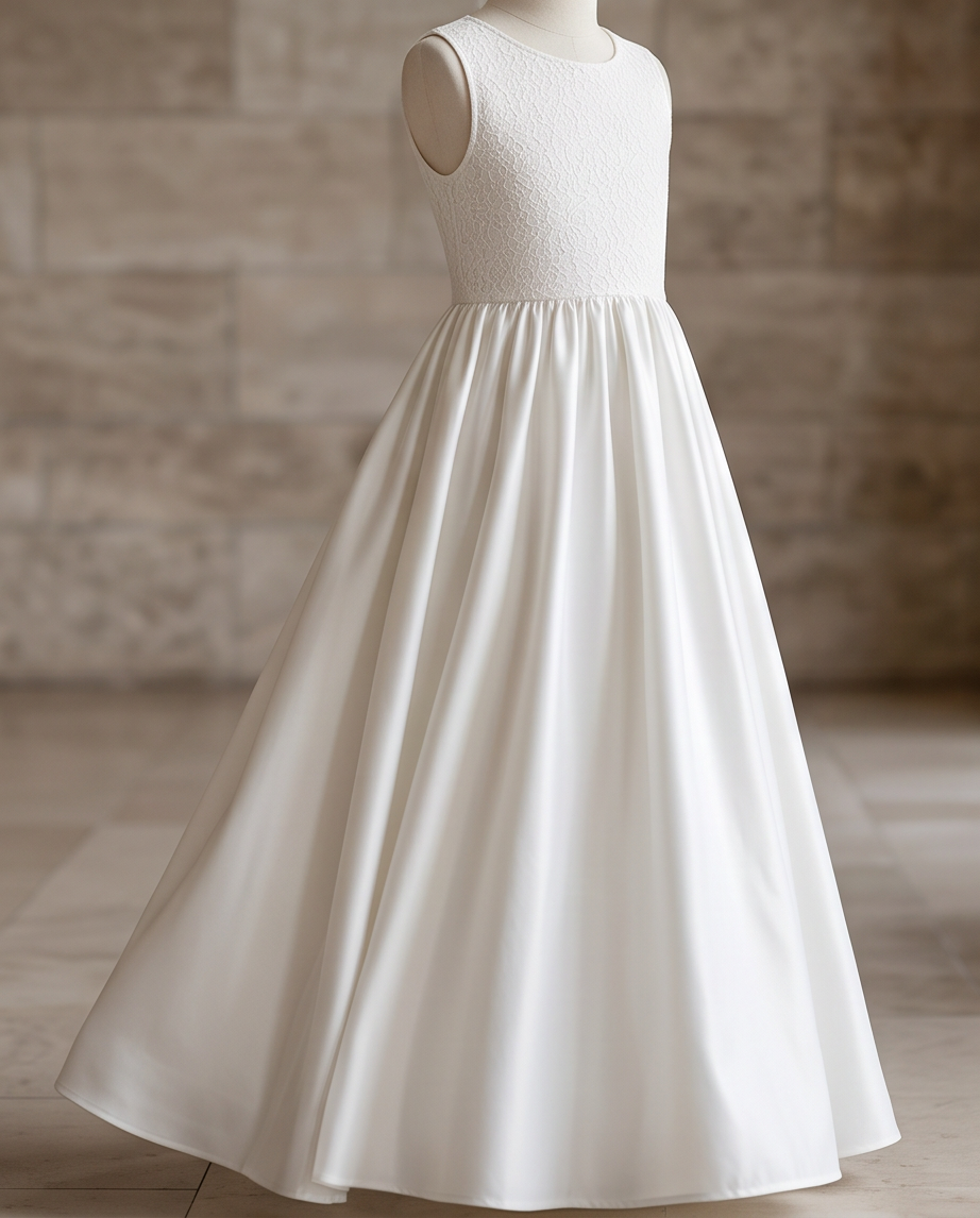 A sleeveless white formal dress displayed on a mannequin, featuring a textured lace bodice and a flowing satin skirt, set against a blurred stone wall background.