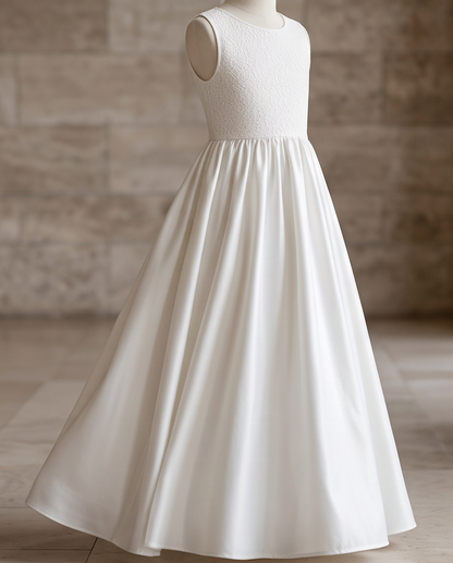 A sleeveless white formal dress displayed on a mannequin, featuring a textured lace bodice and a flowing satin skirt, set against a blurred stone wall background.