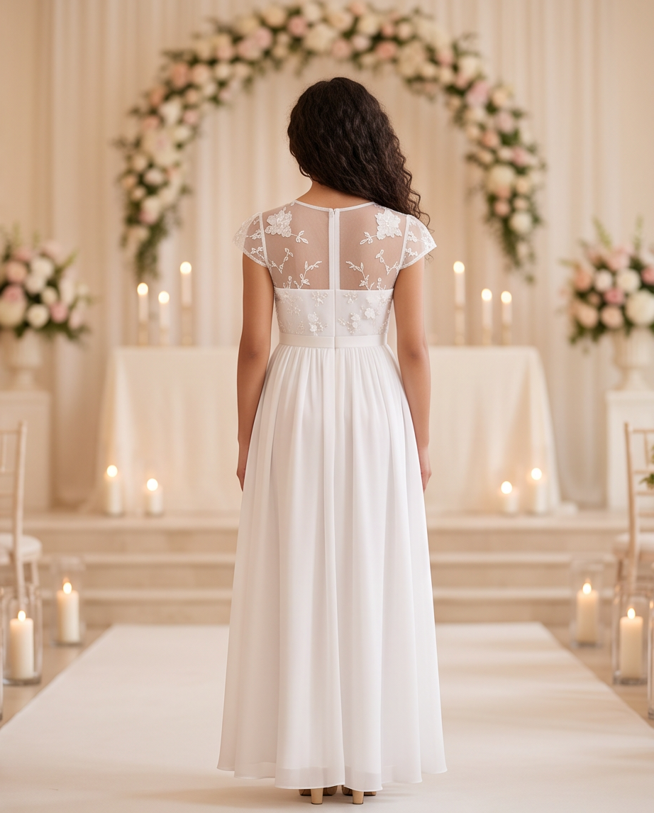 A woman stands with her back to the camera wearing a long white lace and satin dress in a softly lit wedding-style aisle with floral arches and candles.