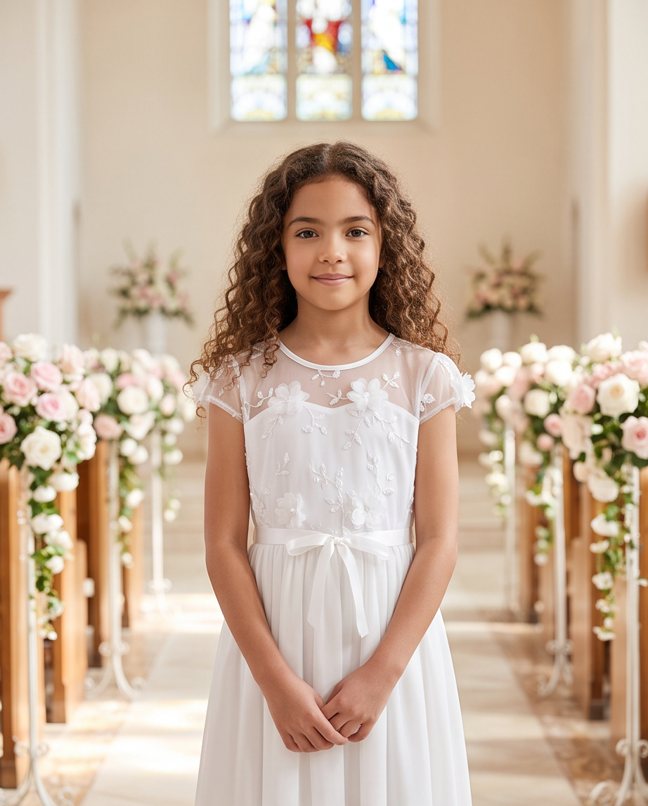 Girl in white communion dress,standing in a church