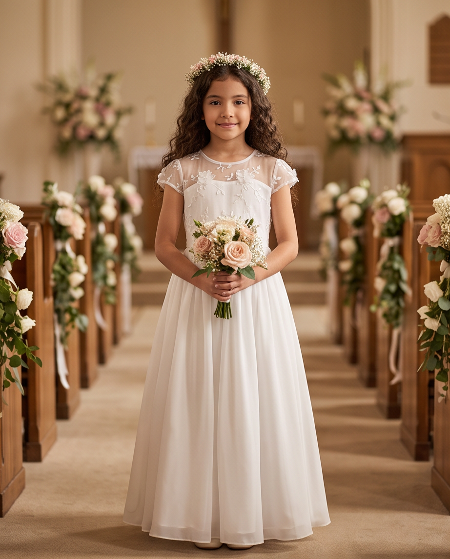 A young girl stands in a church aisle wearing a white first communion dress with lace short sleeves and a matching floral crown, holding a bouquet of pink and cream flowers.