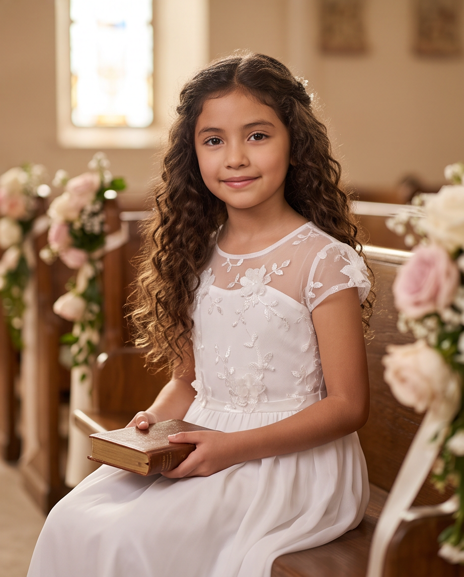 A young girl with long curly brown hair sits on a church pew wearing a white lace and embroidered dress and holding a small book.