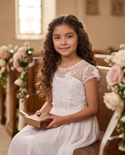 A young girl with long curly brown hair sits on a church pew wearing a white lace and embroidered dress and holding a small book.