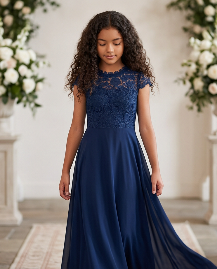 A young girl with long curly brown hair wearing a navy blue formal dress with a lace bodice and flowing skirt, standing in a softly lit indoor setting with floral arrangements in the background.