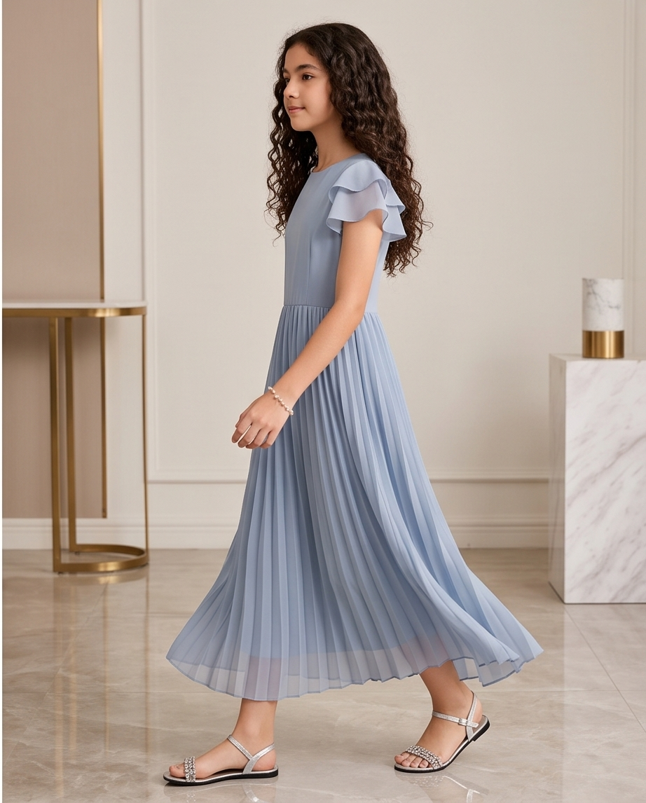 A young girl with long curly brown hair is wearing a light blue pleated dress with ruffled short sleeves and silver sandals, standing in a modern indoor room with marble floors and minimalist columns.