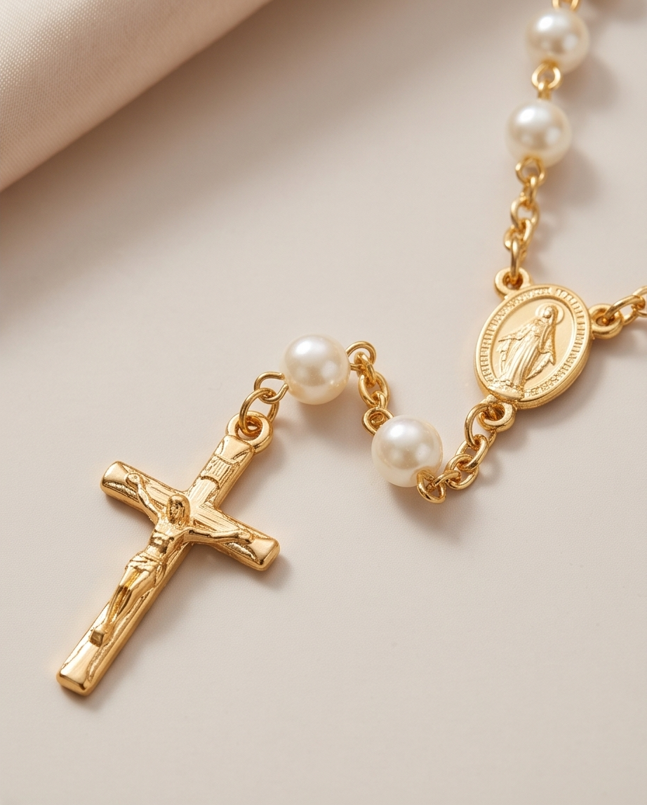 Close-up of gold-tone crucifix and pearl beads