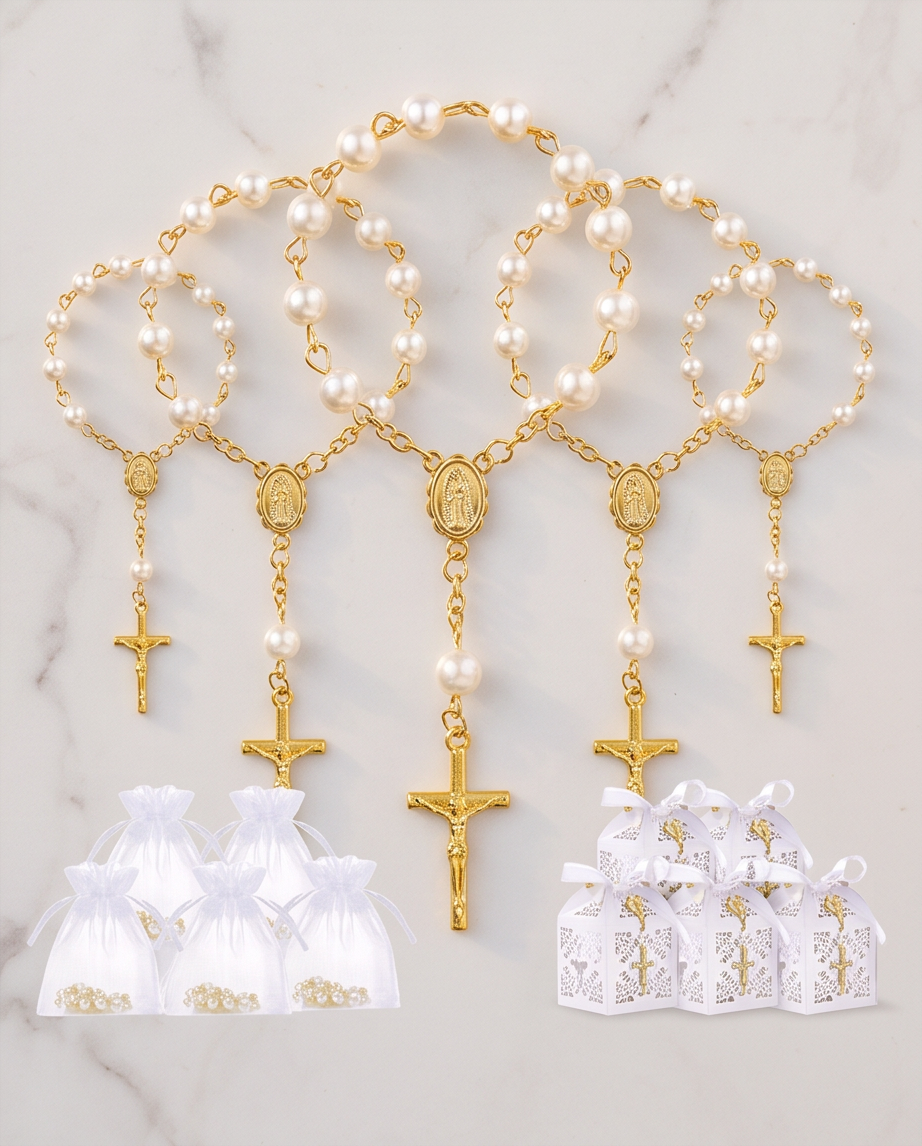 Gold-tone pearl rosary bracelets with white organza bags and laser-cut gift boxes