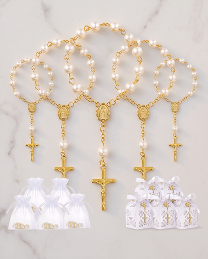 Gold-tone pearl rosary bracelets with white organza bags and laser-cut gift boxes
