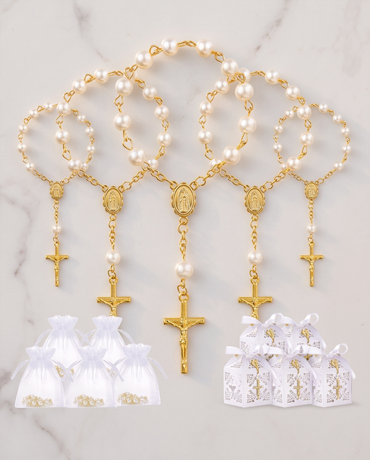 Gold-tone pearl rosary bracelets with white organza bags and laser-cut gift boxes