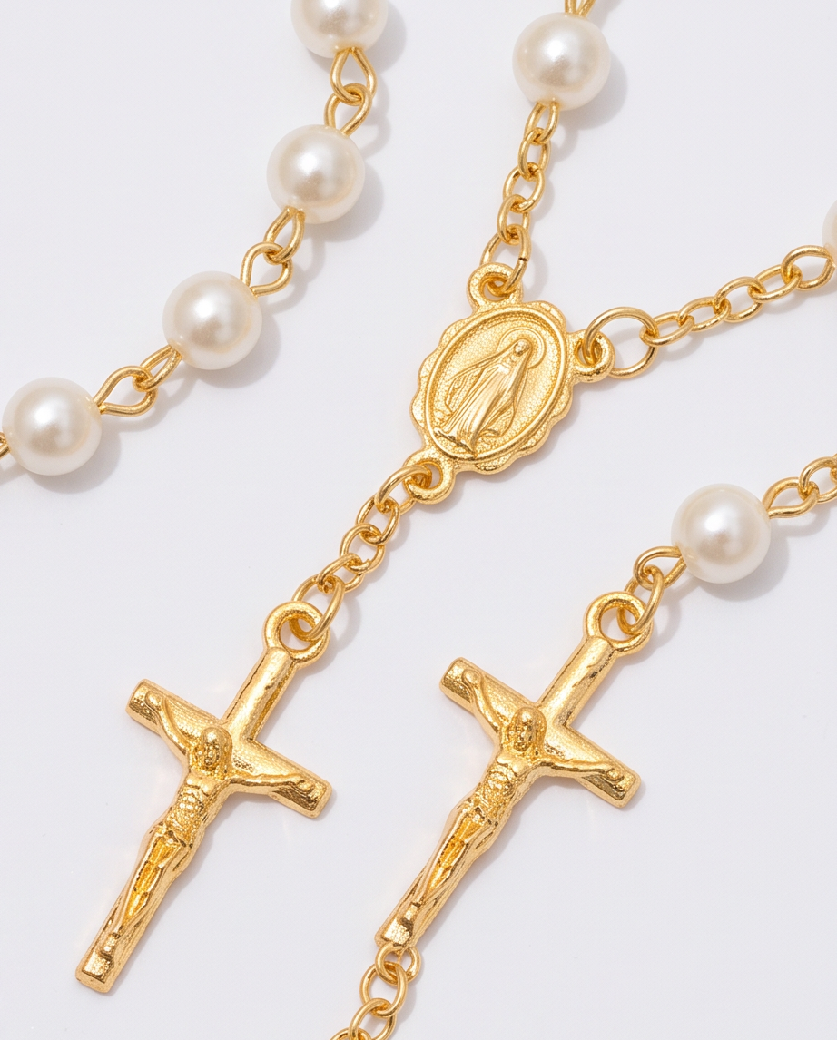 Five gold-tone pearl rosary bracelets displayed on a white background