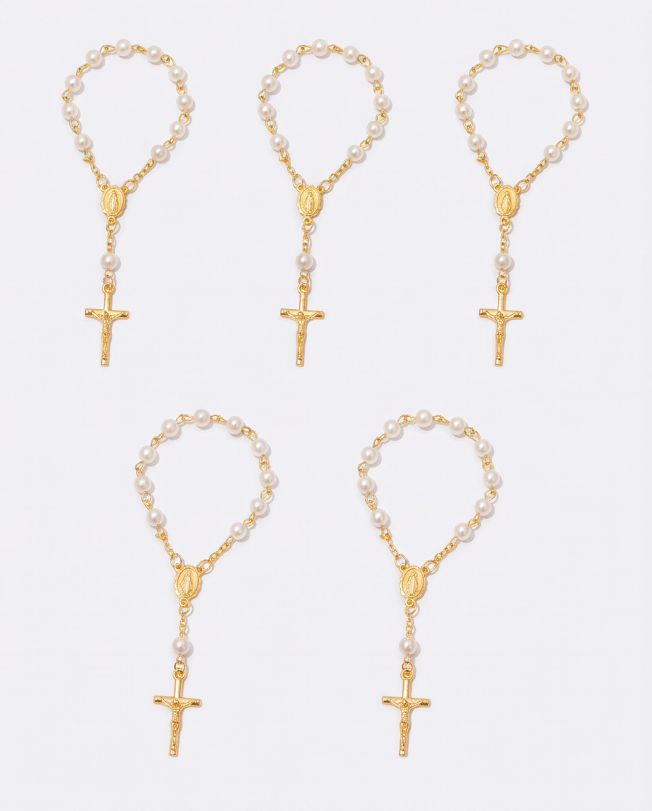 Gold-tone pearl rosary bracelet with presentation gift box