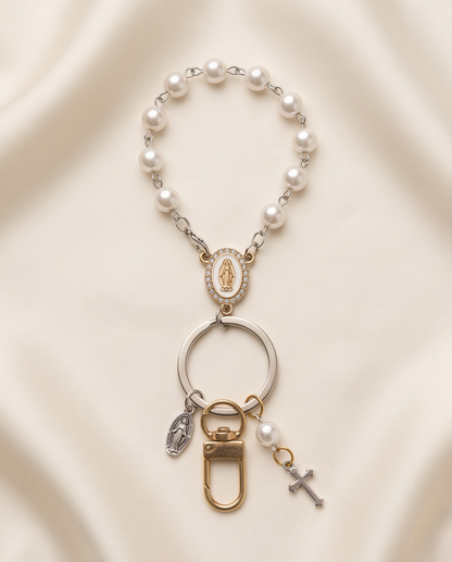 Pearl rosary key ring with white organza bag and laser-cut gift box