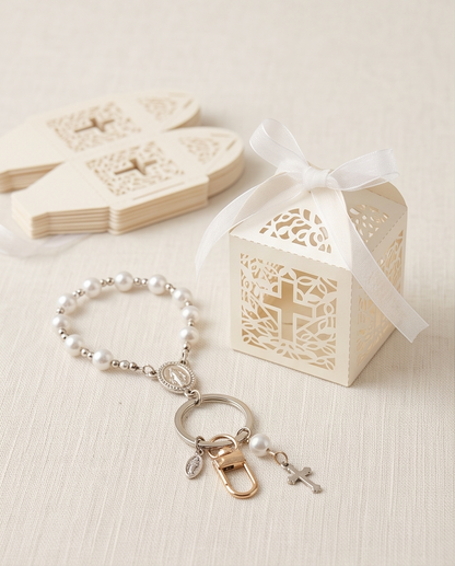 Pearl rosary key ring displayed in hands