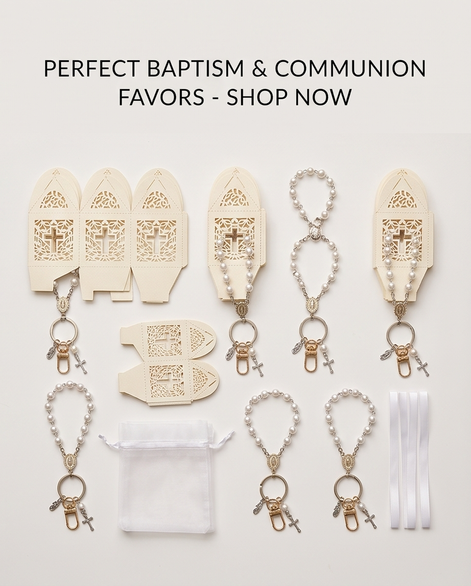 Five pearl rosary key rings with five laser-cut boxes and white organza bags