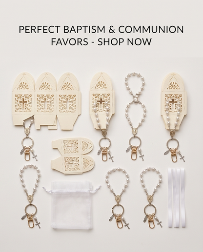 Five pearl rosary key rings with five laser-cut boxes and white organza bags
