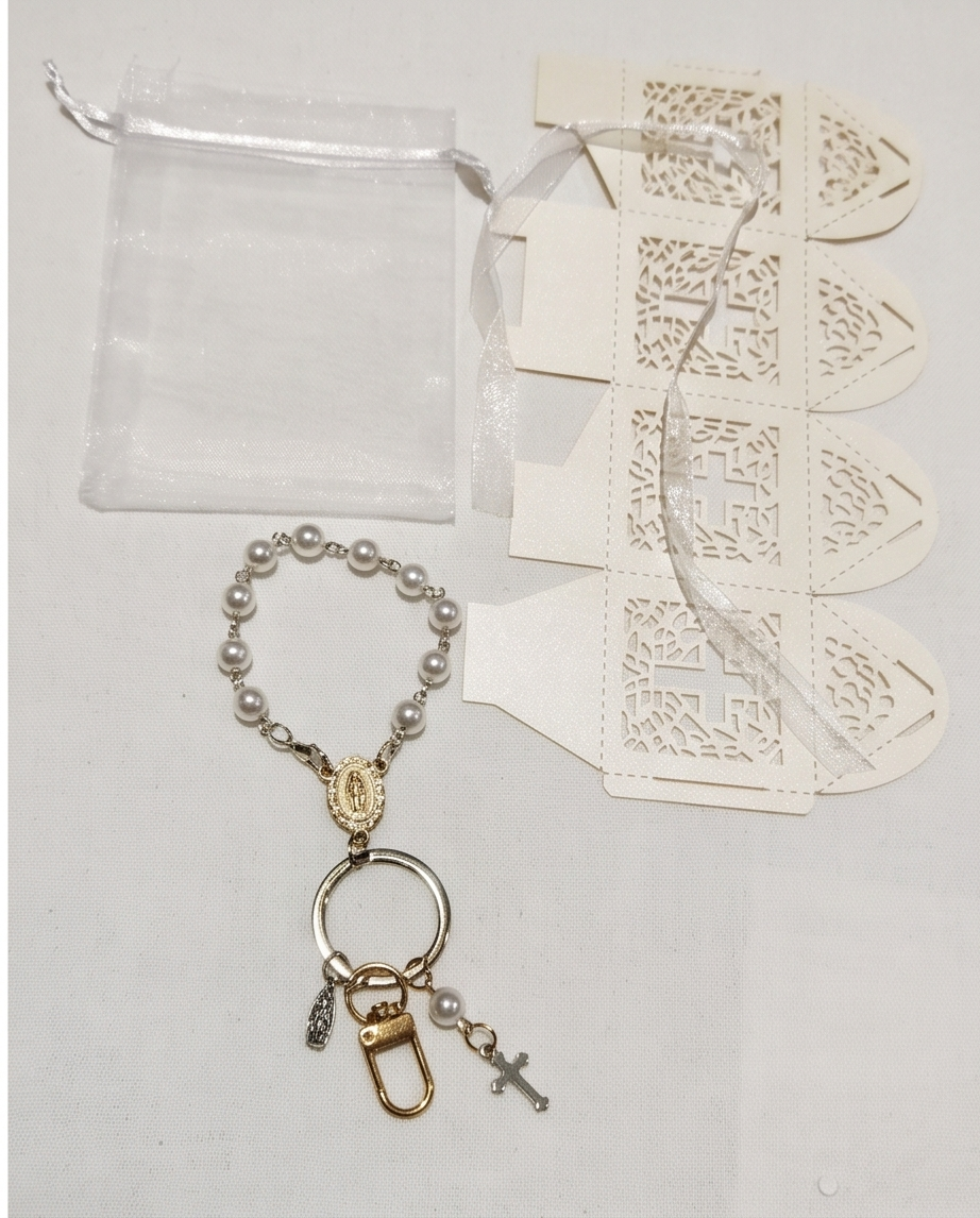 Pearl rosary key ring with medal, cross charm and gold-tone clip