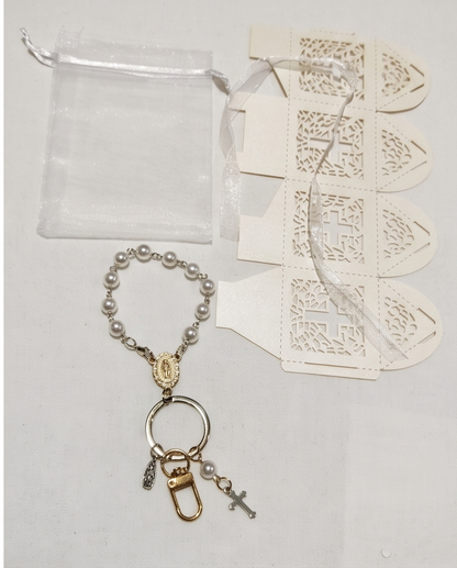 Pearl rosary key ring with medal, cross charm and gold-tone clip