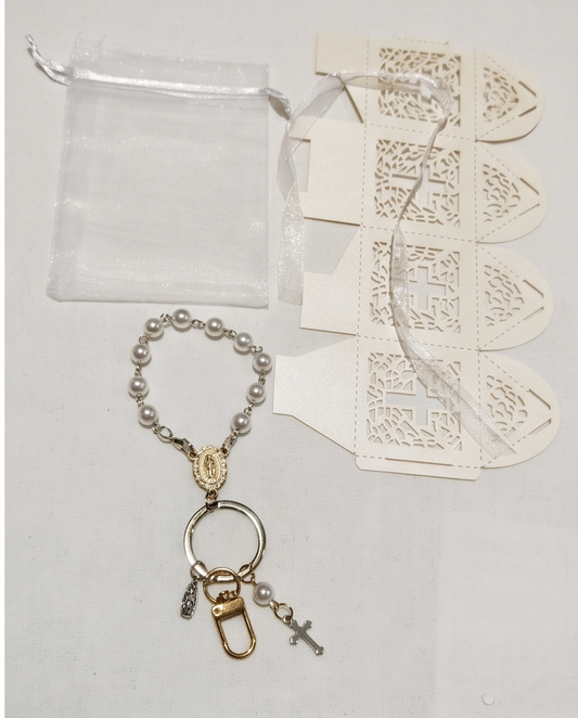 Pearl rosary key ring with medal, cross charm and gold-tone clip