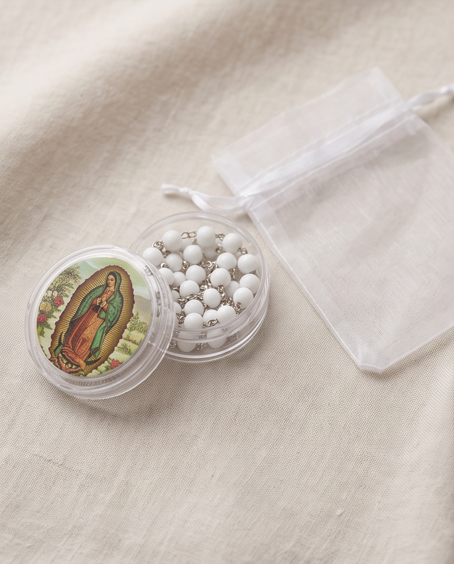 Our Lady of Guadalupe rosary in a clear round case and white organza pouch
