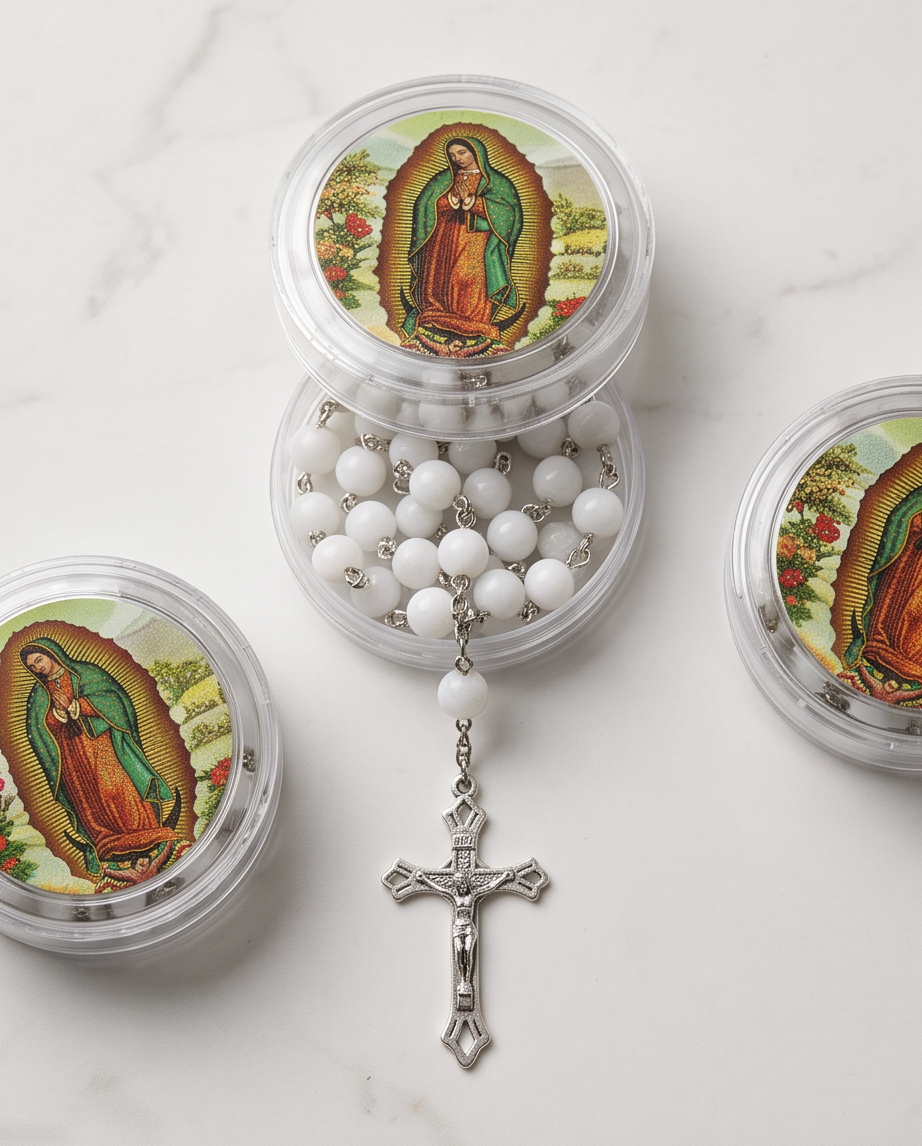 Our Lady of Guadalupe rosary gift set with white beads and floral styling