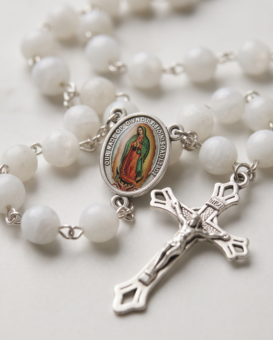 White-bead rosary with silver-tone crucifix displayed on a white plate