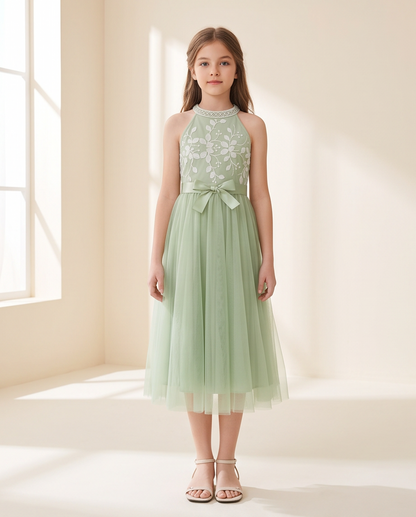 Girl wearing Sage Green Lace & Tulle Flower Girl Dress