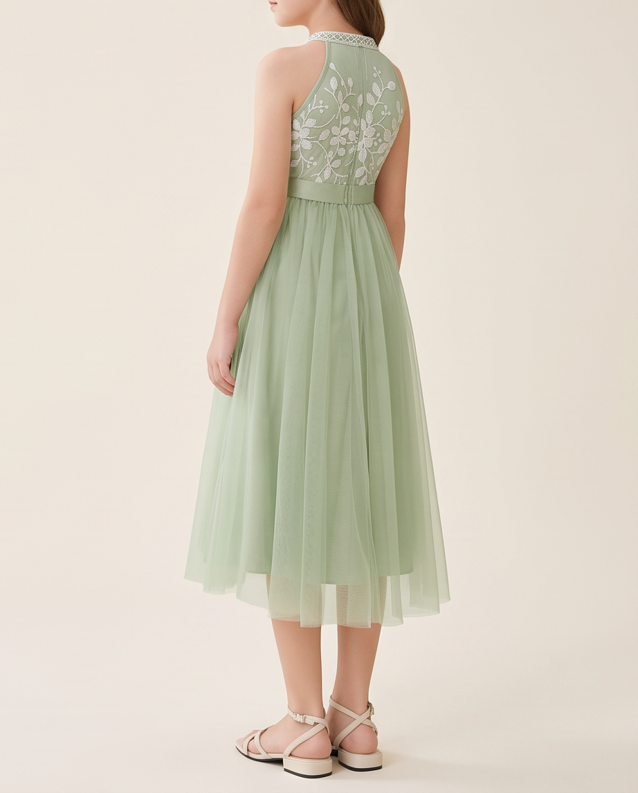 Girl wearing Sage Green Lace & Tulle Flower Girl Dress